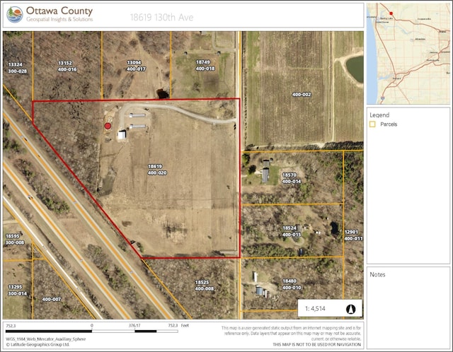 18619 130th Ave, Fruitport, MI 49415 - aerial map of property and surrounding area with property boundaries highlighted