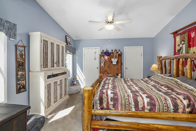 11478 E 7 Mile Rd, Tustin, MI 49688 - bedroom with carpet, vaulted ceiling, and a ceiling fan