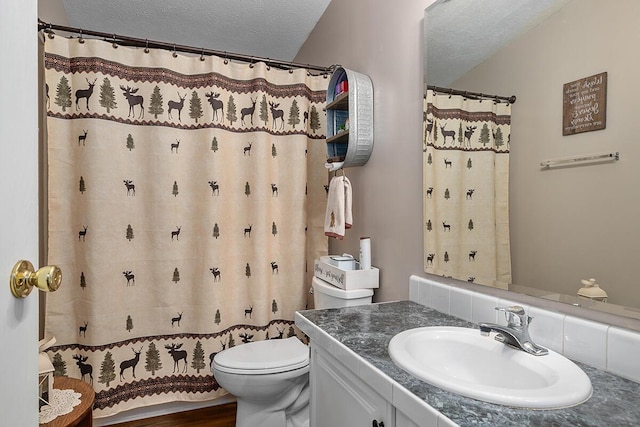 11478 E 7 Mile Rd, Tustin, MI 49688 - full bathroom with a textured ceiling, toilet, vanity, wood finished floors, and a shower with shower curtain