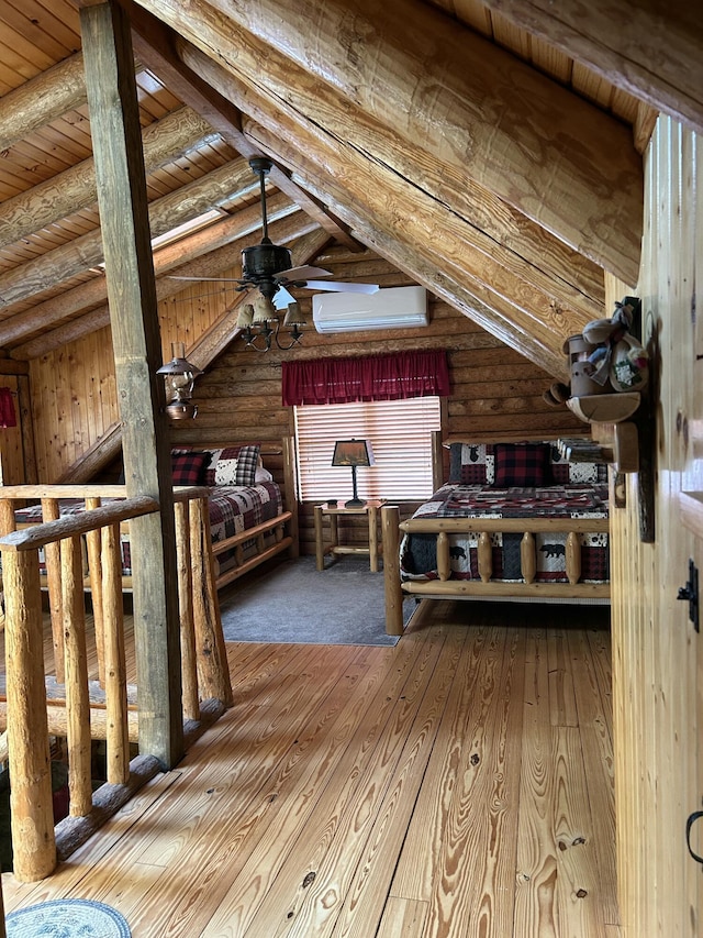14278 Tyson Trl, Camden, MI 49232 - bedroom with log walls, wooden ceiling with exposed beams, an AC wall unit, and wood-type flooring