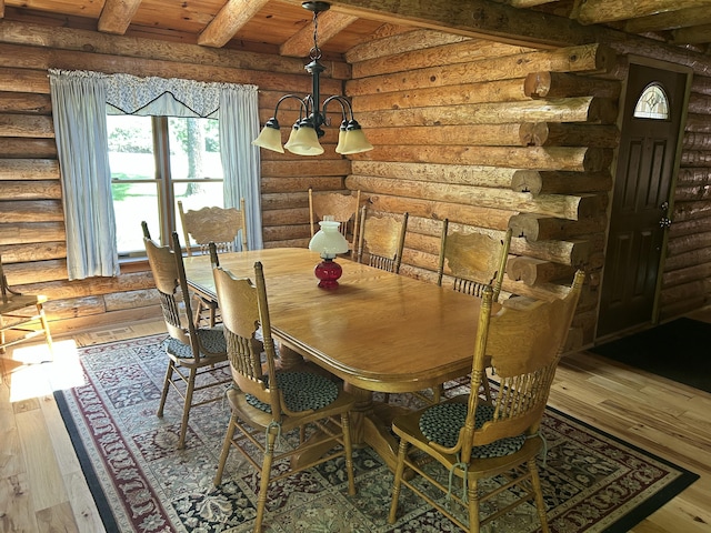 14278 Tyson Trl, Camden, MI 49232 - dining room featuring rustic walls, wood-type flooring, wood ceiling with exposed beams, and a chandelier