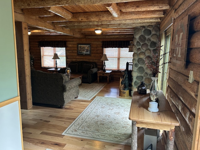 14278 Tyson Trl, Camden, MI 49232 - living room featuring log walls, wood finished floors, and wood ceiling with exposed beams