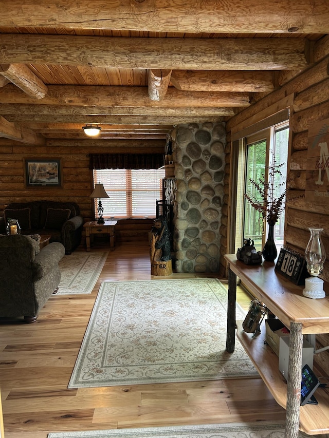 14278 Tyson Trl, Camden, MI 49232 - living room featuring log walls, hardwood / wood-style floors, and beamed ceiling