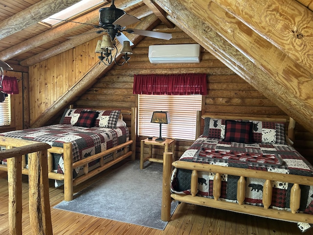 14278 Tyson Trl, Camden, MI 49232 - bedroom featuring a wall mounted air conditioner, multiple windows, rustic walls, wood ceiling with exposed beams, and wood finished floors