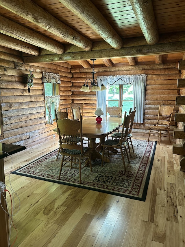 14278 Tyson Trl, Camden, MI 49232 - dining room featuring rustic walls, hardwood / wood-style floors, and wooden ceiling with exposed beams