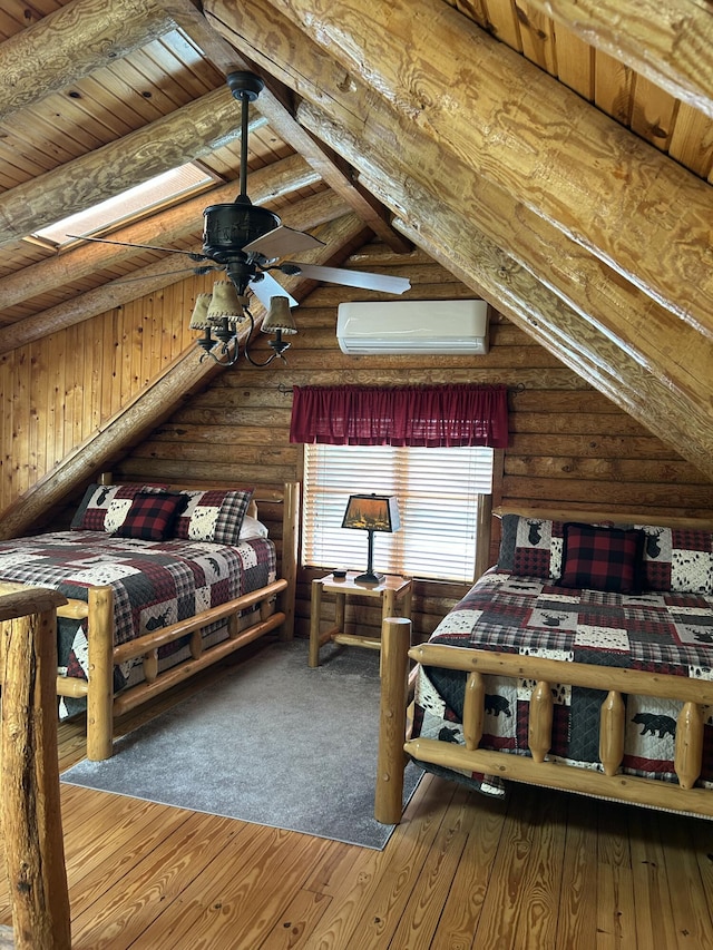 14278 Tyson Trl, Camden, MI 49232 - bedroom with a wall mounted AC, wooden ceiling with exposed beams, and wood-type flooring