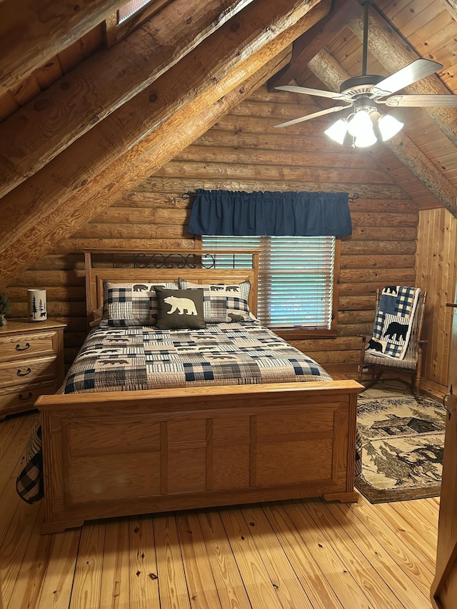 14278 Tyson Trl, Camden, MI 49232 - bedroom with rustic walls, hardwood / wood-style flooring, wooden ceiling, and ceiling fan