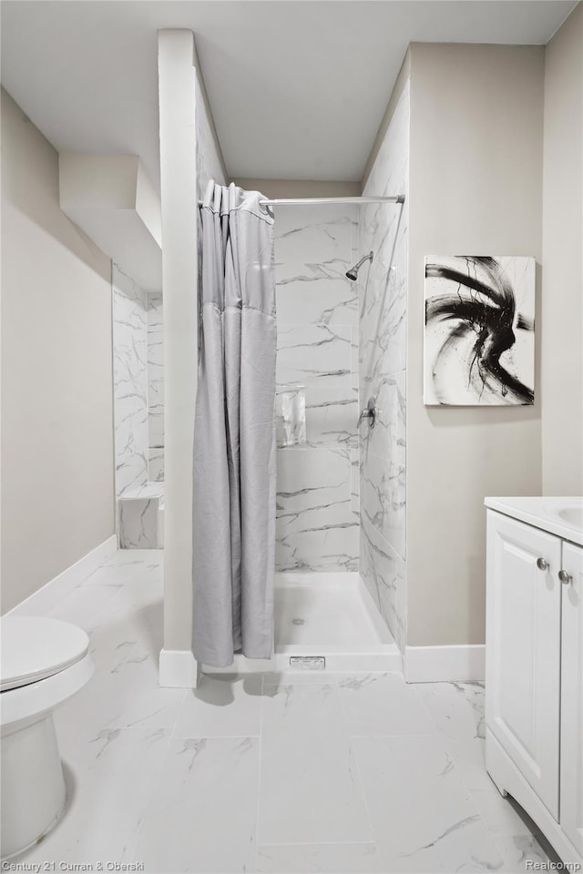 65 Melbourne St, Detroit, MI 48202 - bathroom with marble look tile flooring, toilet, a marble finish shower, vanity, and baseboards
