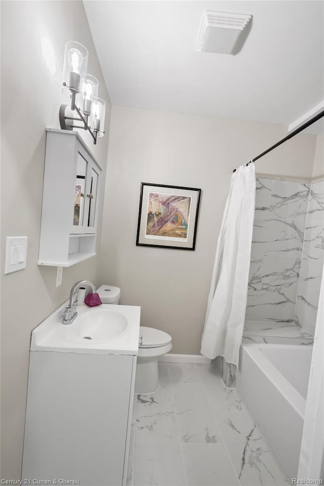 65 Melbourne St, Detroit, MI 48202 - bathroom featuring vanity, toilet, baseboards, marble look tile flooring, and shower / bath combo