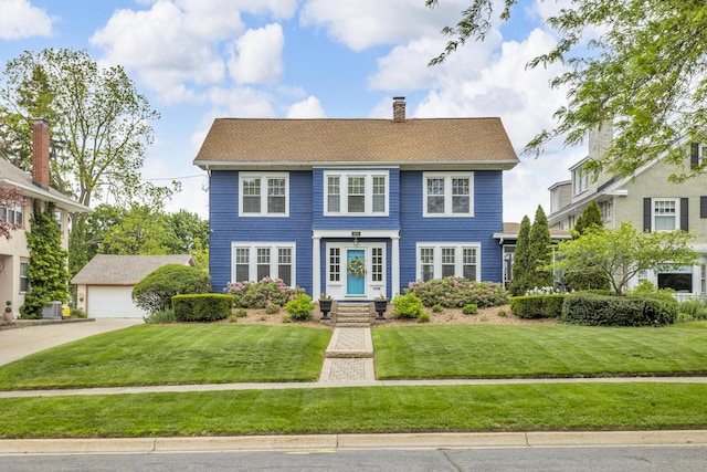 1406 W Washington Ave, Jackson, MI 49203 - colonial-style house featuring a chimney, a front yard, and a garage
