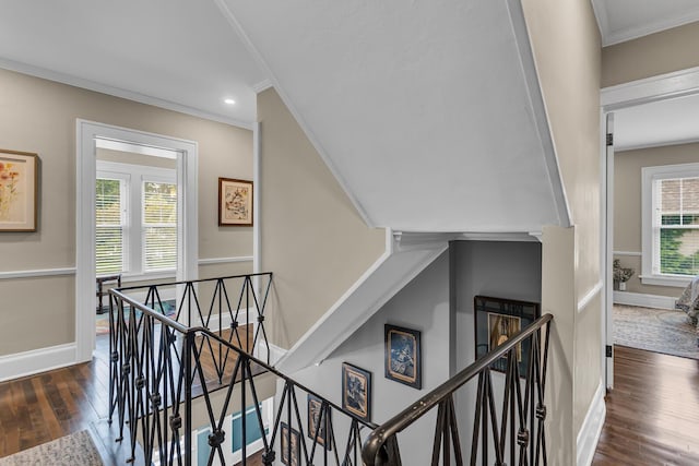 1406 W Washington Ave, Jackson, MI 49203 - stairway featuring wood finished floors, ornamental molding, baseboards, and recessed lighting