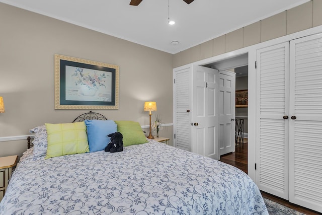1406 W Washington Ave, Jackson, MI 49203 - bedroom with two closets, dark wood-style flooring, and ceiling fan