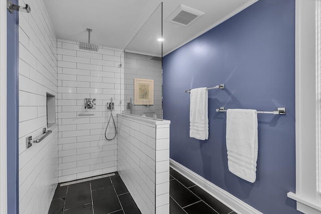 1406 W Washington Ave, Jackson, MI 49203 - full bathroom with a tile shower, baseboards, tile patterned flooring, and crown molding
