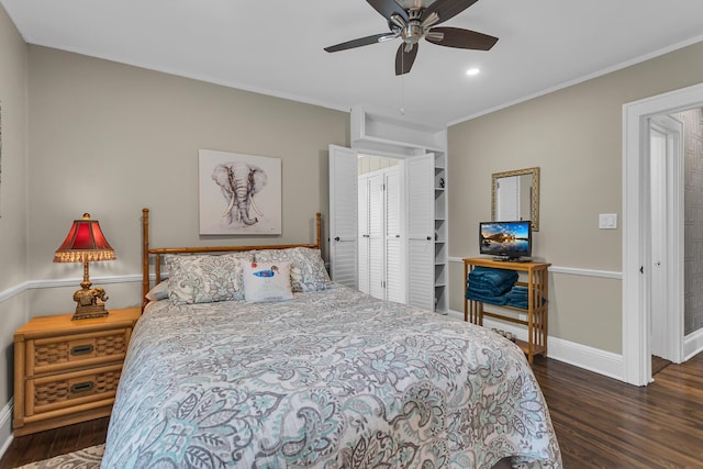 1406 W Washington Ave, Jackson, MI 49203 - bedroom with dark wood-type flooring, baseboards, ornamental molding, recessed lighting, and ceiling fan