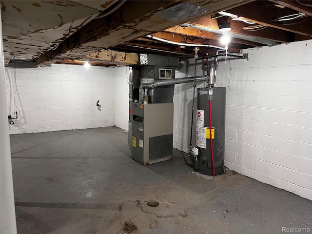 8208 Kentucky St, Detroit, MI 48204 - unfinished basement featuring gas water heater, heating unit, and concrete block wall
