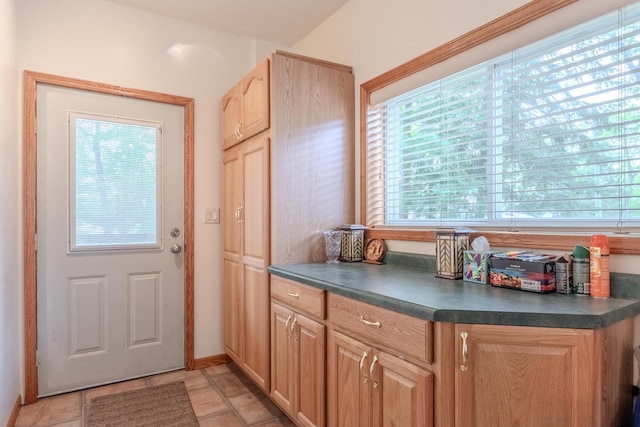 10138 S Lakeside Ridge Rd, Baldwin, MI 49304 - kitchen with dark countertops and light brown cabinetry