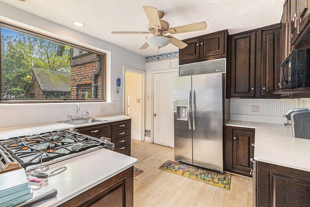 3261 Sherbourne Rd, Detroit, MI 48221 - kitchen featuring stainless steel fridge with ice dispenser, a sink, light countertops, ceiling fan, and recessed lighting