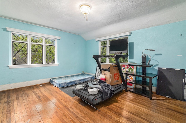 3261 Sherbourne Rd, Detroit, MI 48221 - exercise room with hardwood / wood-style flooring, baseboards, lofted ceiling, and a textured ceiling