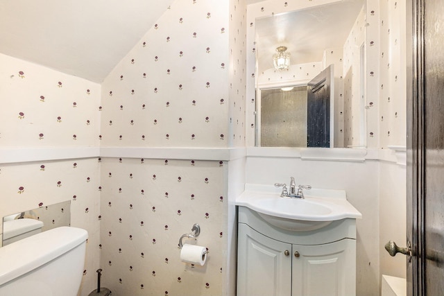 3261 Sherbourne Rd, Detroit, MI 48221 - bathroom featuring vanity, toilet, and vaulted ceiling