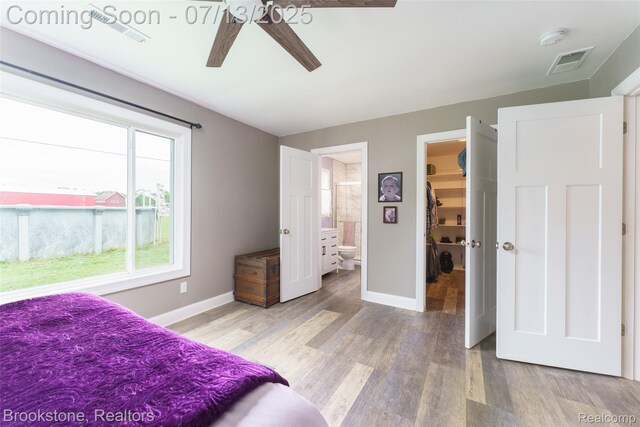 6245 Ray Rd, Swartz Creek, MI 48473 - bedroom featuring light wood finished floors, a spacious closet, ensuite bathroom, and ceiling fan