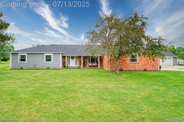 6245 Ray Rd, Swartz Creek, MI 48473 - ranch-style house with a front yard, covered porch, and brick siding