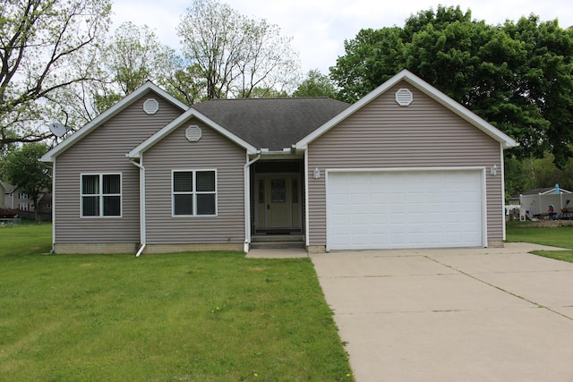 151 Ernest St, Brooklyn, MI 49230 - ranch-style home featuring a front lawn, a garage, driveway, and roof with shingles