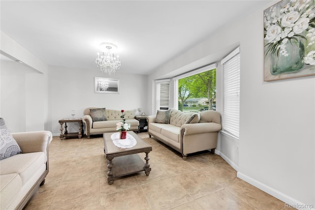 39321 Faith Dr, Sterling Heights, MI 48310 - living area with a chandelier, baseboards, and light tile patterned floors