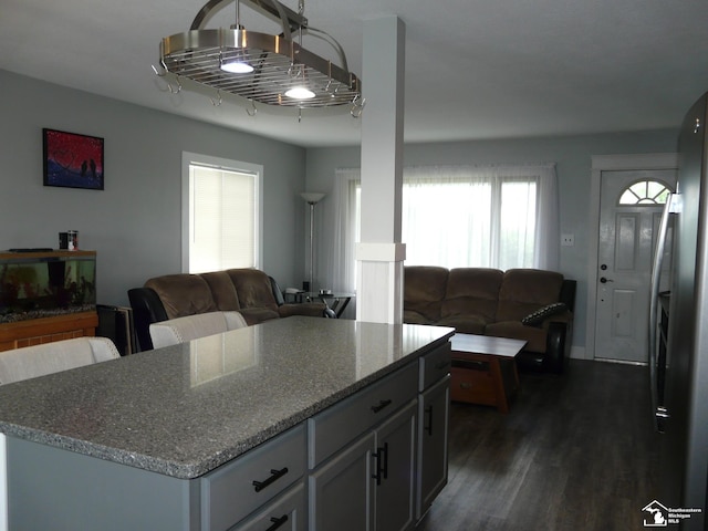 12067 Lewis Ave, Temperance, MI 48182 - kitchen with open floor plan, light stone countertops, dark wood-type flooring, a kitchen island, and freestanding refrigerator