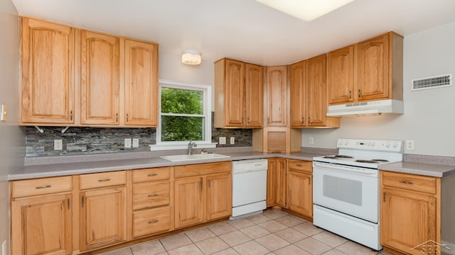 1355 Hemmeter Rd, Saginaw, MI 48638 - kitchen featuring white appliances, a sink, under cabinet range hood, decorative backsplash, and light tile patterned flooring