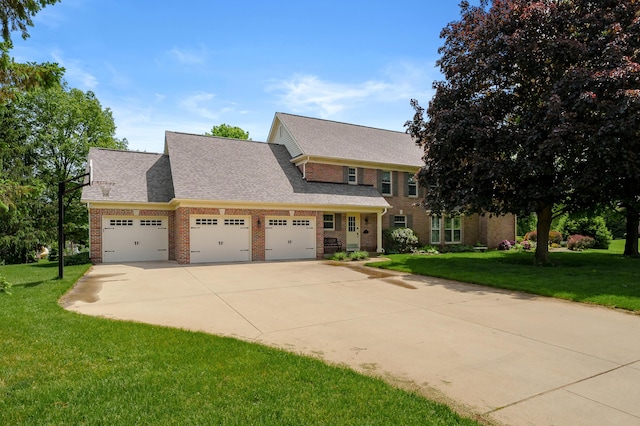 3638 Bellflower Dr, Portage, MI 49024 - view of front facade with an attached garage, brick siding, a front yard, and concrete driveway