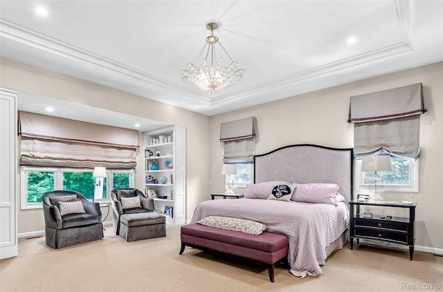 5259 Echo Rd, Bloomfield Hills, MI 48302 - bedroom featuring carpet floors, a raised ceiling, a chandelier, recessed lighting, and crown molding