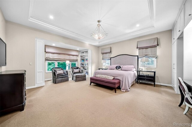 5259 Echo Rd, Bloomfield Hills, MI 48302 - carpeted bedroom with a tray ceiling, a chandelier, baseboards, and recessed lighting