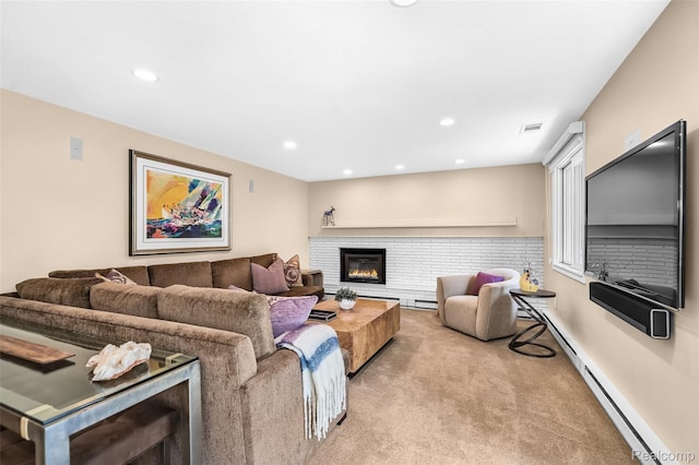 5259 Echo Rd, Bloomfield Hills, MI 48302 - living room with light colored carpet, a fireplace, a baseboard radiator, and recessed lighting