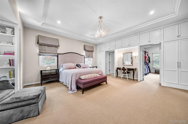 5259 Echo Rd, Bloomfield Hills, MI 48302 - bedroom with a raised ceiling, light carpet, a chandelier, crown molding, and recessed lighting