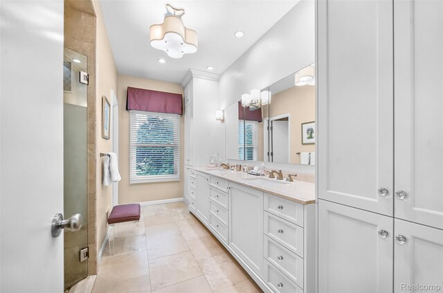 5259 Echo Rd, Bloomfield Hills, MI 48302 - bathroom featuring double vanity, tile patterned flooring, a shower stall, baseboards, and recessed lighting
