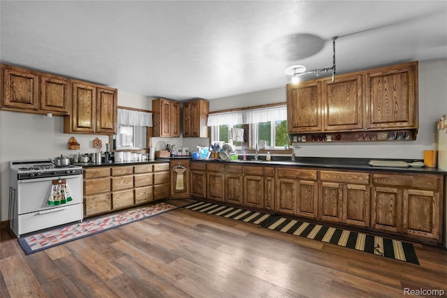 8875 N Lakola Rd, Tustin, MI 49688 - kitchen featuring white range with gas stovetop, dark wood-style floors, dark countertops, and a sink