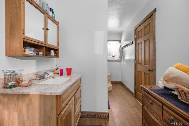 8875 N Lakola Rd, Tustin, MI 49688 - bathroom with vanity, toilet, baseboards, and wood finished floors