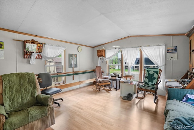 8875 N Lakola Rd, Tustin, MI 49688 - living area featuring wood finished floors, ornamental molding, and lofted ceiling