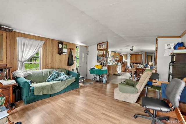 8875 N Lakola Rd, Tustin, MI 49688 - living area with light wood-style floors, wooden walls, and vaulted ceiling