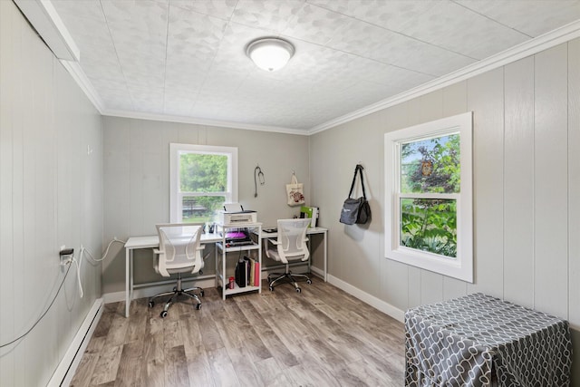 3701 3 1/2 Mile Rd, Athens, MI 49011 - office area with a baseboard radiator, crown molding, wood finished floors, and baseboards
