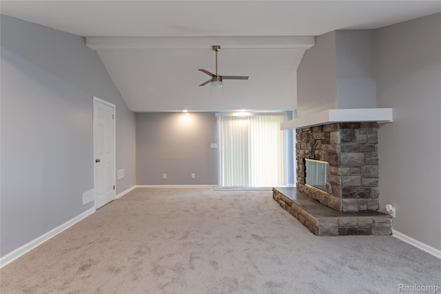 38204 Main St, New Baltimore, MI 48047 - unfurnished living room with ceiling fan, carpet floors, a fireplace, and baseboards
