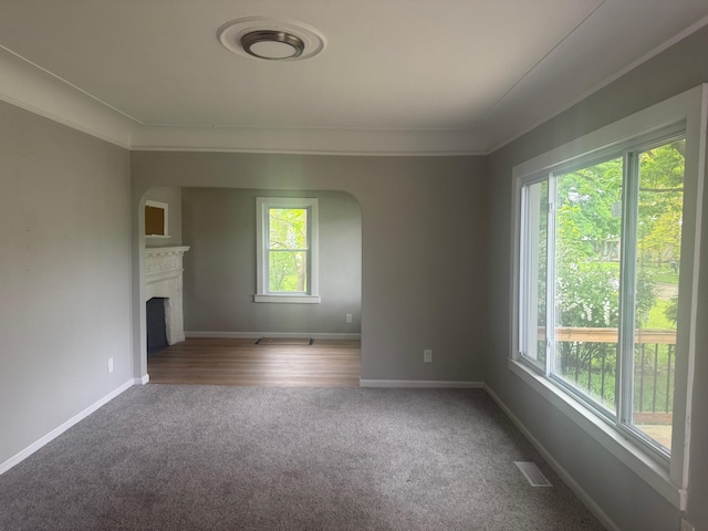 2019 Helen St, Garden City, MI 48135 - unfurnished living room featuring arched walkways, carpet floors, a fireplace, ornamental molding, and baseboards