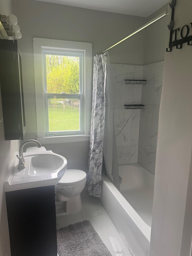 2019 Helen St, Garden City, MI 48135 - bathroom featuring vanity, marble look tile flooring, toilet, and shower / bathtub combination with curtain
