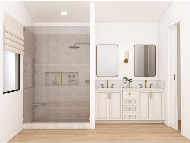 638 E Fulton St E Unit C2, Grand Rapids, MI 49503 - full bath featuring tiled shower, double vanity, wood finished floors, and recessed lighting