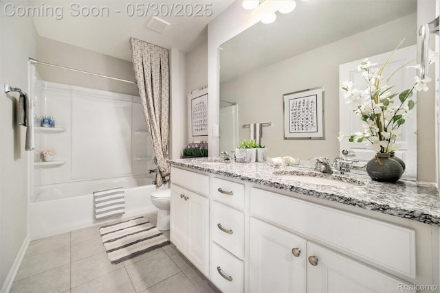 2979 Havre St, Ann Arbor, MI 48105 - bathroom featuring shower / bathtub combination with curtain, double vanity, toilet, and tile patterned flooring