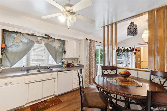 3307 Mackin Rd, Flint, MI 48504 - kitchen featuring white dishwasher, a sink, dark wood-style floors, ceiling fan, and white cabinetry