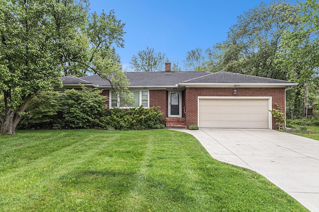 135 Barton Dr, Ann Arbor, MI 48105 - ranch-style house with an attached garage, concrete driveway, a chimney, a front lawn, and brick siding