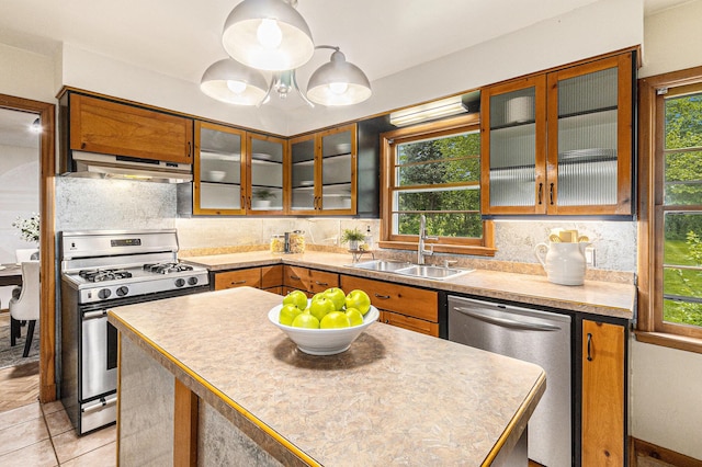 135 Barton Dr, Ann Arbor, MI 48105 - kitchen with appliances with stainless steel finishes, under cabinet range hood, a sink, backsplash, and glass insert cabinets