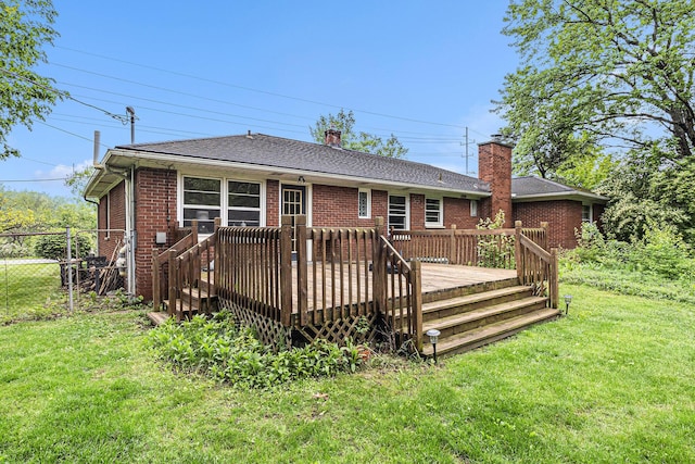 135 Barton Dr, Ann Arbor, MI 48105 - back of property featuring a chimney, brick siding, a deck, and a shingled roof