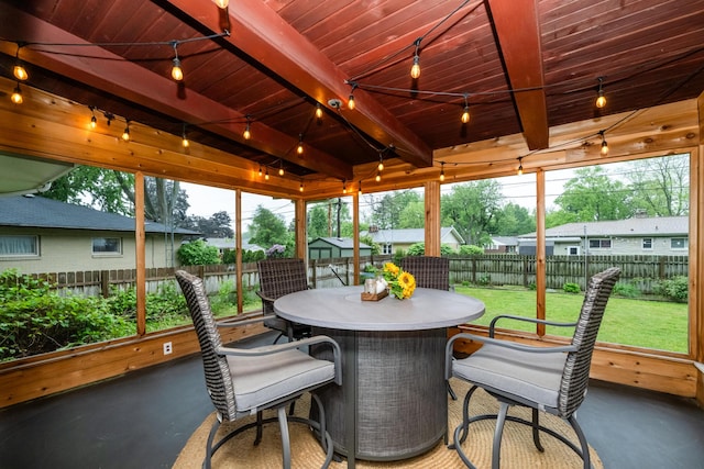 538 Monterey Dr, Benton Harbor, MI 49022 - sunroom with healthy amount of natural light, track lighting, outdoor dining area, and beamed ceiling